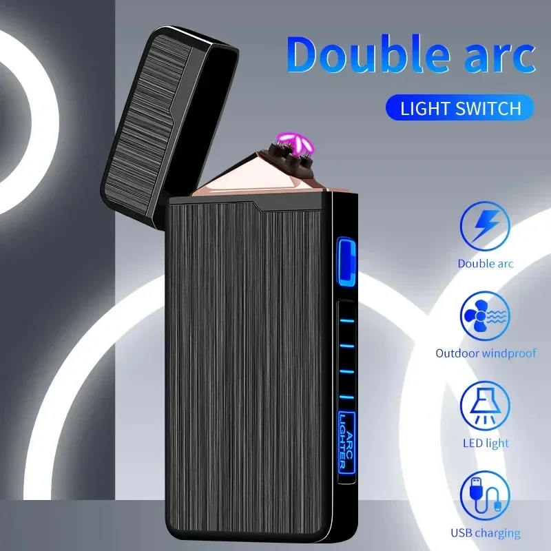 

New Electric Lighter Metal Windproof Pulse Flameless Plasma USB Rechargeable Dual Arc Lighter LED Power Display Men's Tools