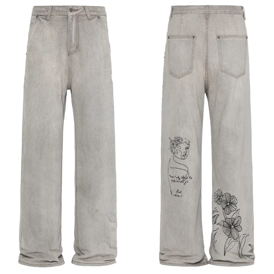 American retro street graffiti wide-leg pants jeans for men and women loose and versatile oversize vintage casual pants y2k ins