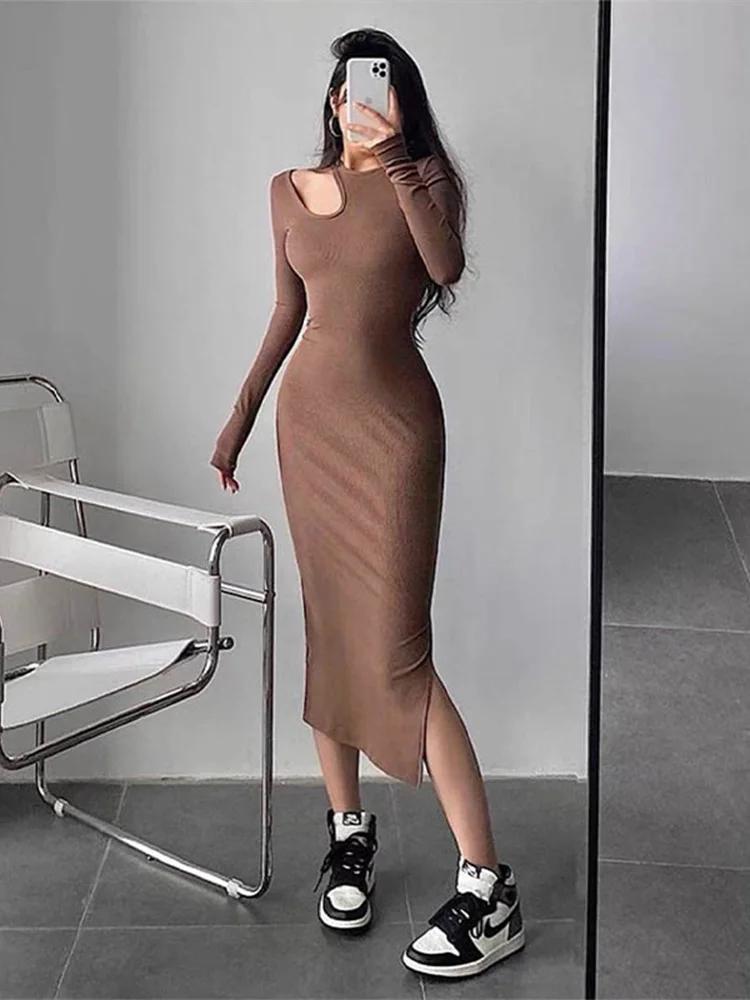 Vestido bodycon de manga comprida recortado com decote em o, vestido midi para festa, vestido casual monocromático, moda elegante, sexy, outono, inverno, 2022