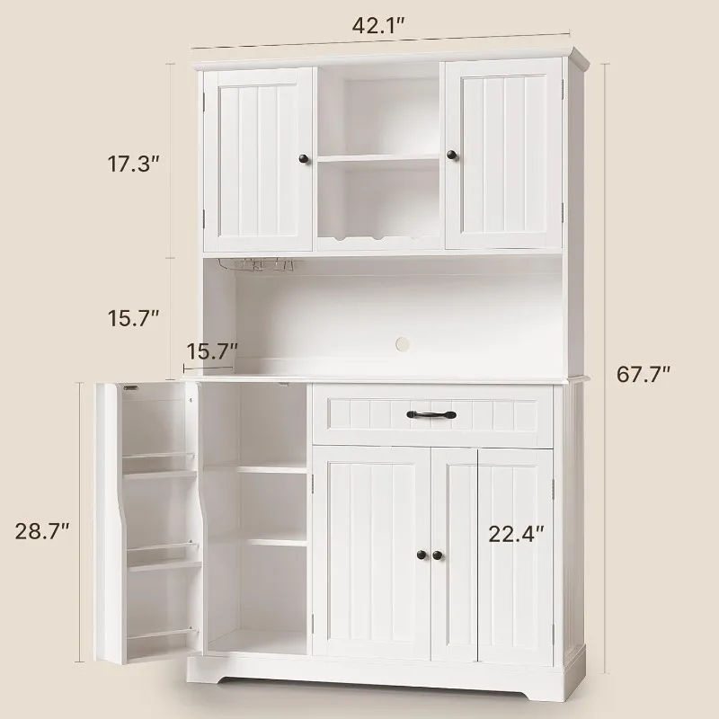 Gabinete de despensa de cocina de 67,7 pulgadas con estante para microondas, gabinete alto para Bar de café con aparador de cocina de almacenamiento con encimera para