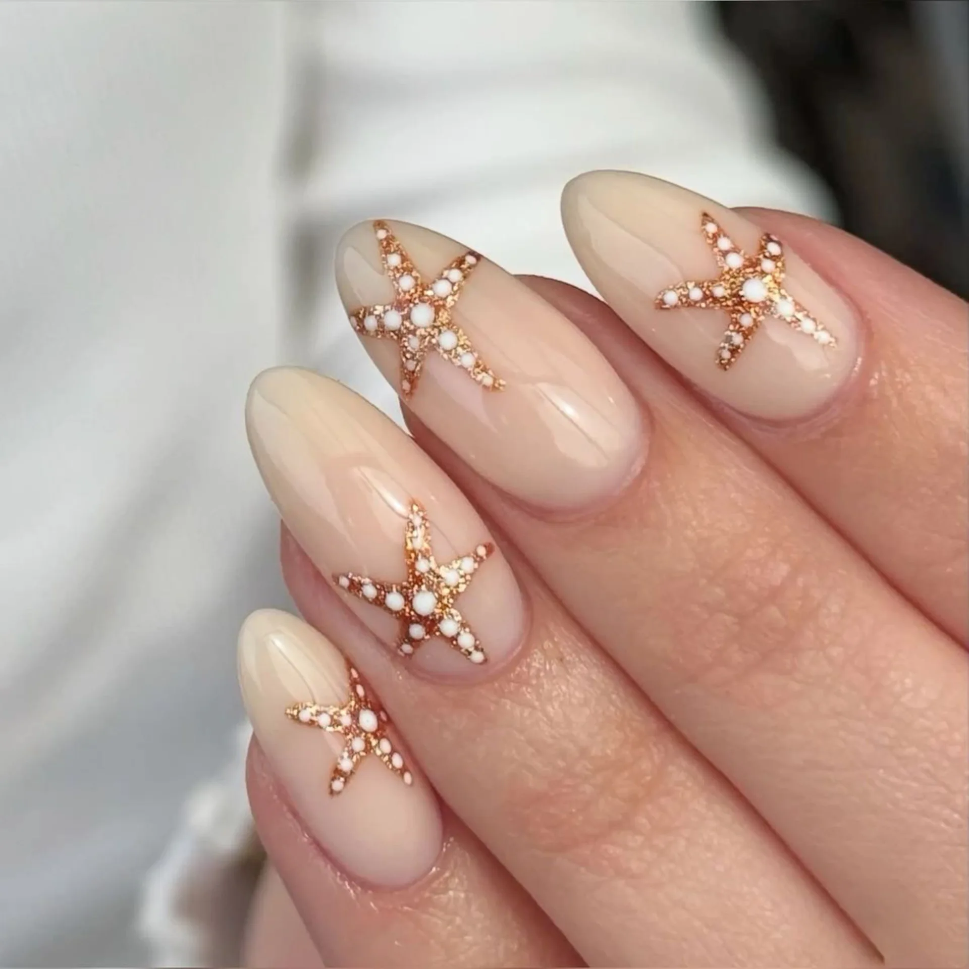 24Pcs False Nails Marine Element Starfish Fake Nails with Glue Almond Press on Nails Short Almond Nail Set Spring Summer Nails ﻿