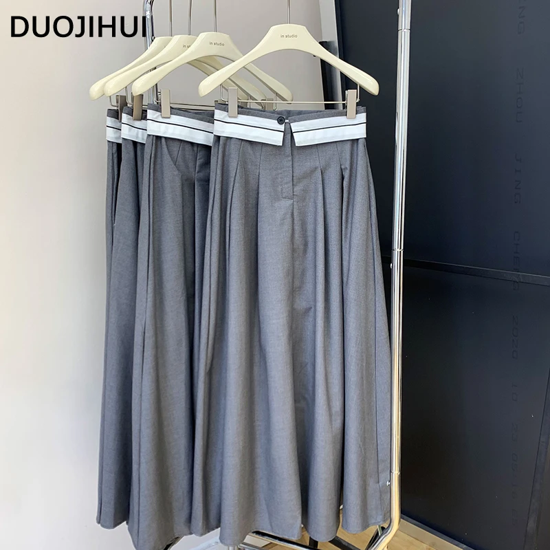 DUOJIHUI French Elegant Chic High Waist Slim Women Skirts Autumn New Simple Spell Color Fashion Button Zipper Female Midi Skirts