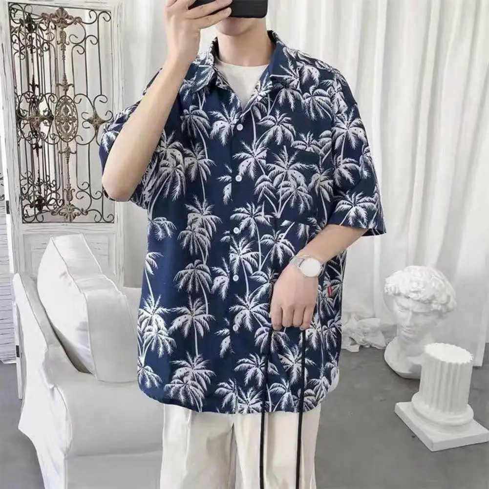 Men Lapel Shirt Tropical Tree Print Men's Hawaiian Shirt with Quick Dry Technology for Vacation Beach Wear Loose Fit Short