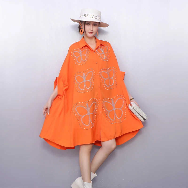 2025 Autumn Winter Elegant Women Casual Loose Butterfly Embroidered Cloak Shirts Short Dresses Female Dress Wholesale J2119