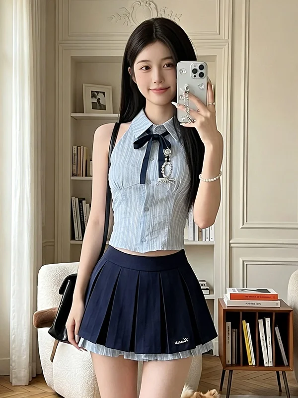 

Комплект из жилетки и плиссированной юбки с высокой талией для женщин: новая модная коллекция весна-лето, стильный образ с воротником.