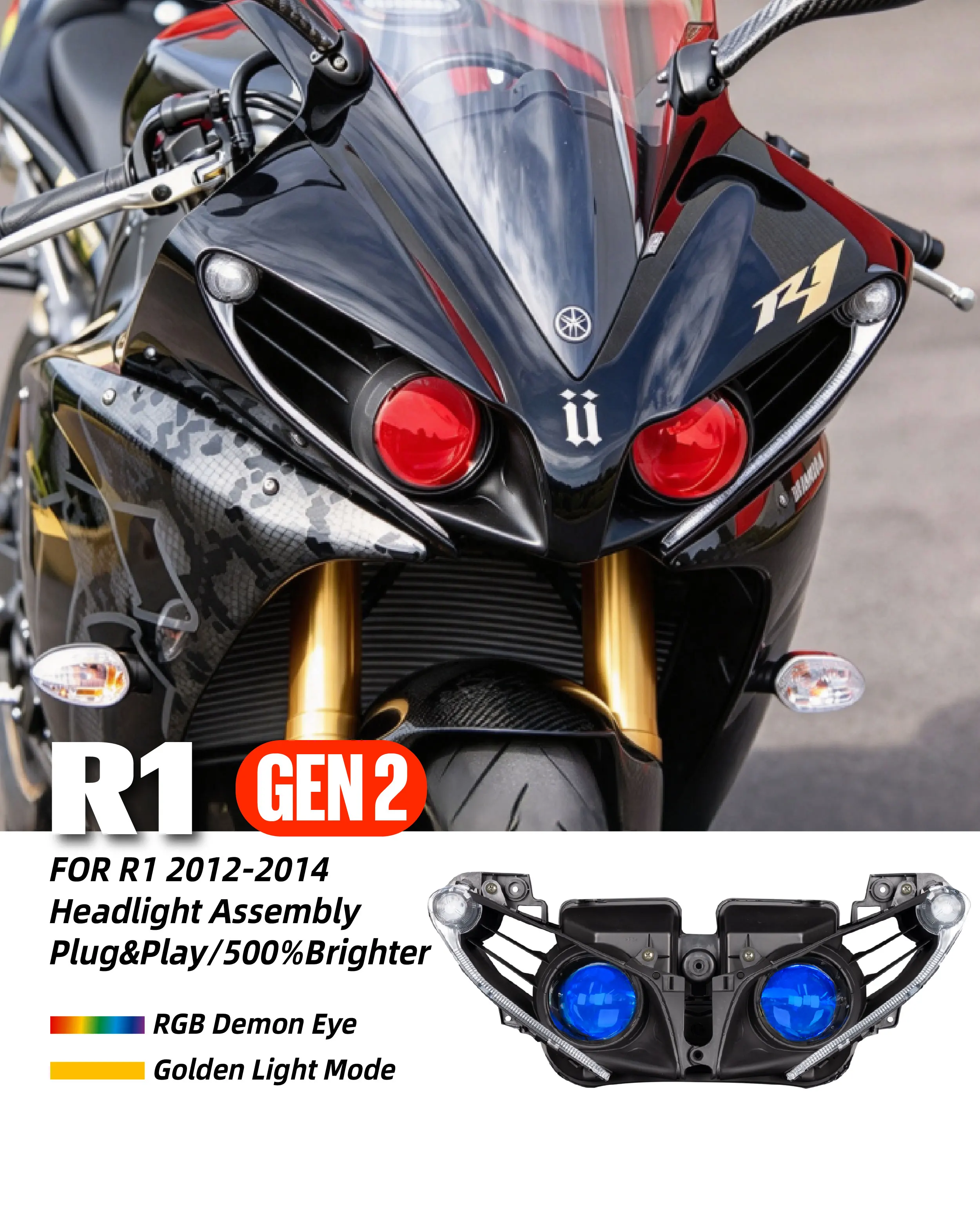 KT LED Motorcycle Front Headlight Assembly For Yamaha R1 2012-2014 Custom Modified Headlamp RGB Multi-color Change Demon Eyes