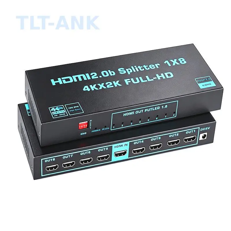 1x8 HDMI 2.0 Splitter One Input Eight Output Multi-Screen Display Adapter, Built-in Scaler, 4K 60Hz HDCP2.3 Dolby Atmos Supporte