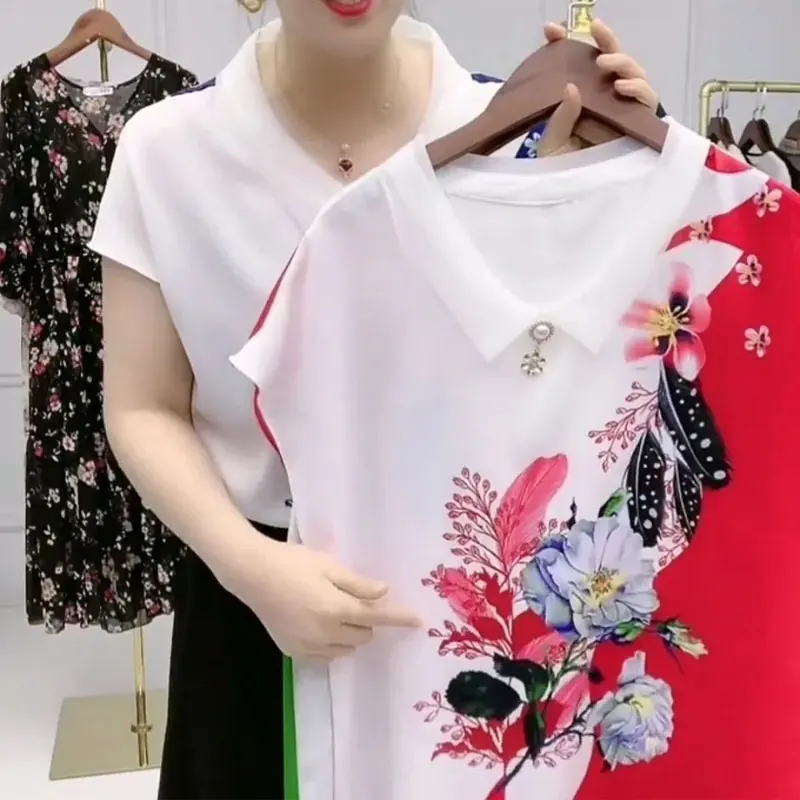 Commute Casual Floral Printed Blouse Summer Turn-down Collar Chic Pearl Three-dimensional Decoration Female Clothing Loose Shirt