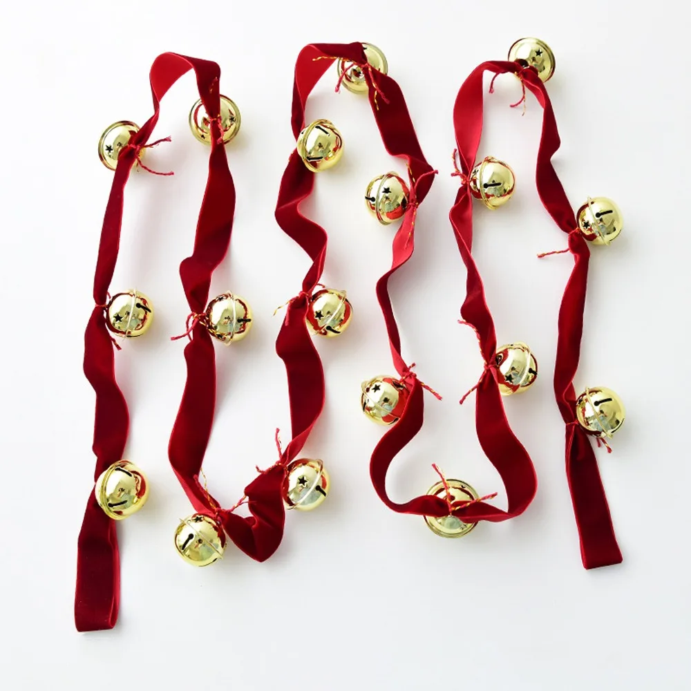 

2.7m Christmas Velvet Bell Strings Iron Bell Red Ribbons Bell Pendants Handmade Craft Xmas Tree Hanging Bells Festive Atmosphere