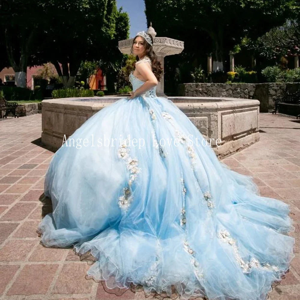 Angelsbridep vestido de baile azul cielo para quinceañera, vestidos para eventos especiales con apliques de cuentas, vestido de fiesta de cumpleaños de princesa