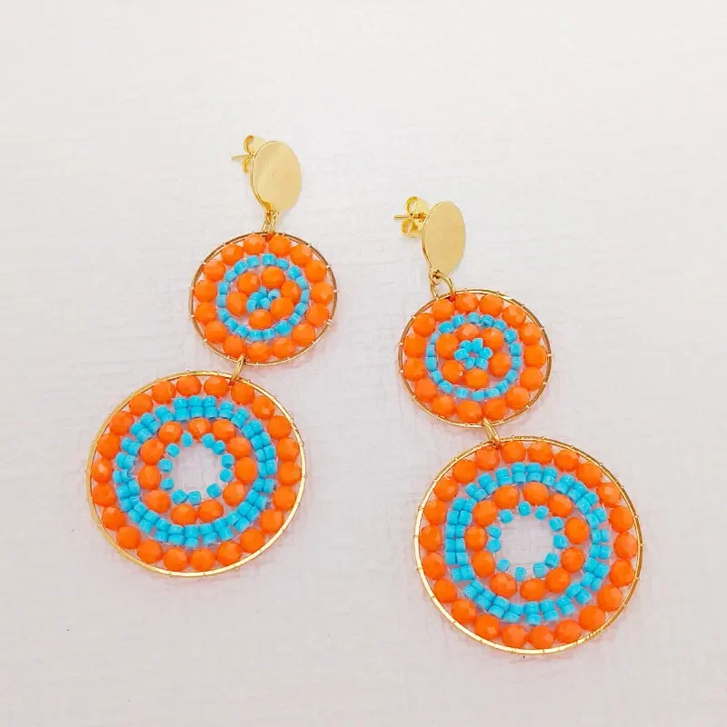 

2025 Handmade Bead Earring Double-deck Hollow Out Crystal Hand Knitting Bohemia Beaded Earrings for Women