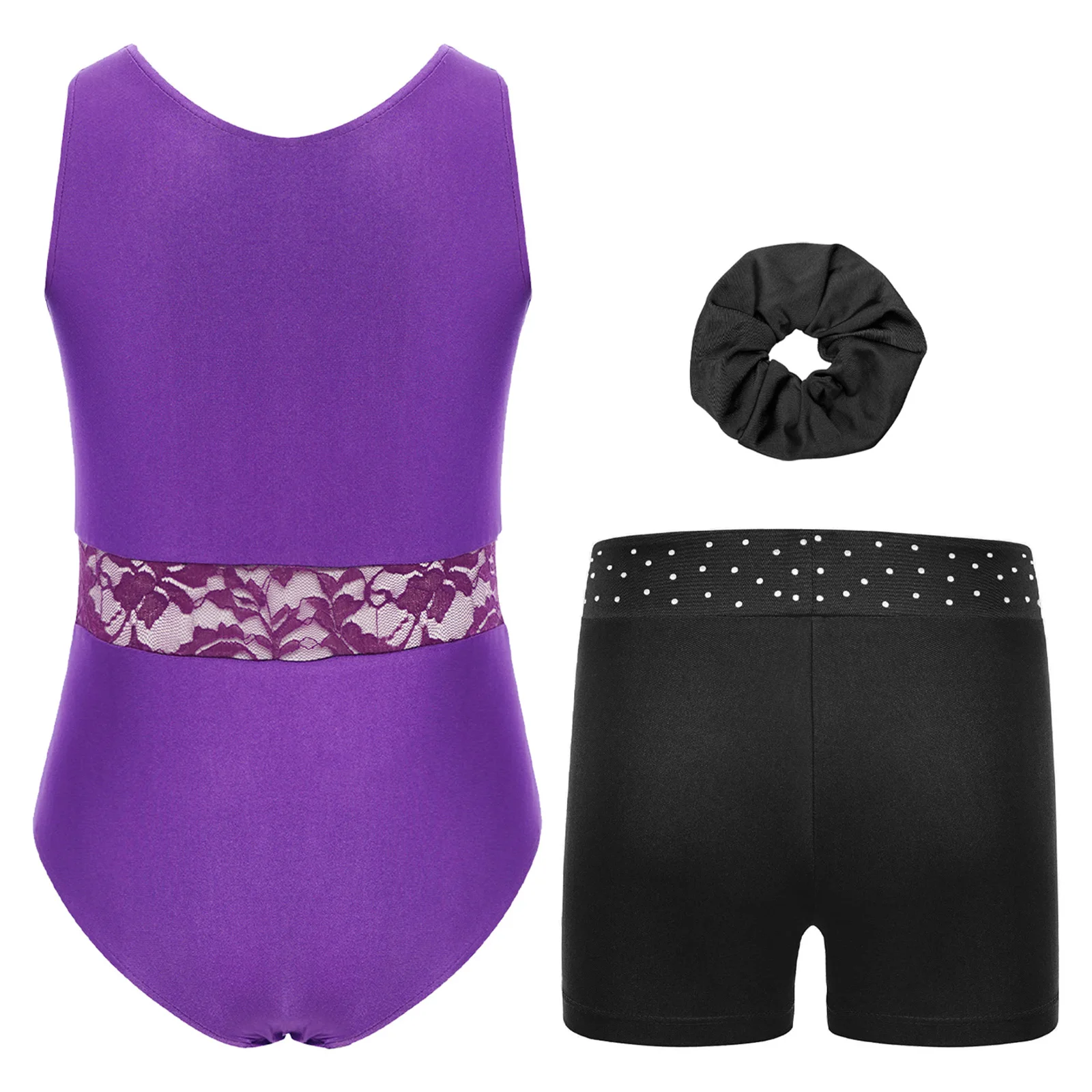 

3Pcs/Set Kids Girls Sleeveless Shiny Rhinestones Printed Lace Waist Leotard Shorts Headwear for Gymnastics Dance Figure Skating