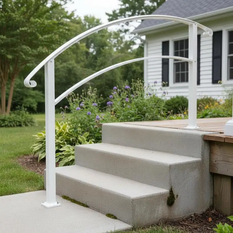 Outdoor Staircase Railing 1-4 Steps For Front Porch Garden Concrete Stairs, White Wrought Iron Support Flexible Height Adjustable Hardware Included