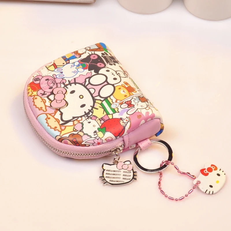 Kawaii Sanrio Hello Kitty Women Wallet Short Zipper Coin Purse Cartoon Pu Leather Card Holder Portable Cute Small Storage Bag