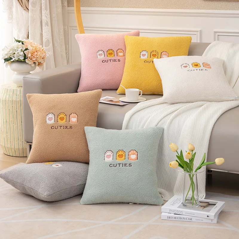 Cartoon Lamb Wool Sofa Cushion Winter Non-Slip Embroidery Plush Cushion Living Room Sofa Cover Thickened Warm Cover Cloth