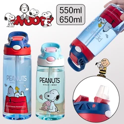 550ml/650ml Snoopy wody z butelki ze słomką plastikowa przenośna butelka podróżna kreskówka szczelny kubek do butelka podróżna na zewnątrz dla dzieci