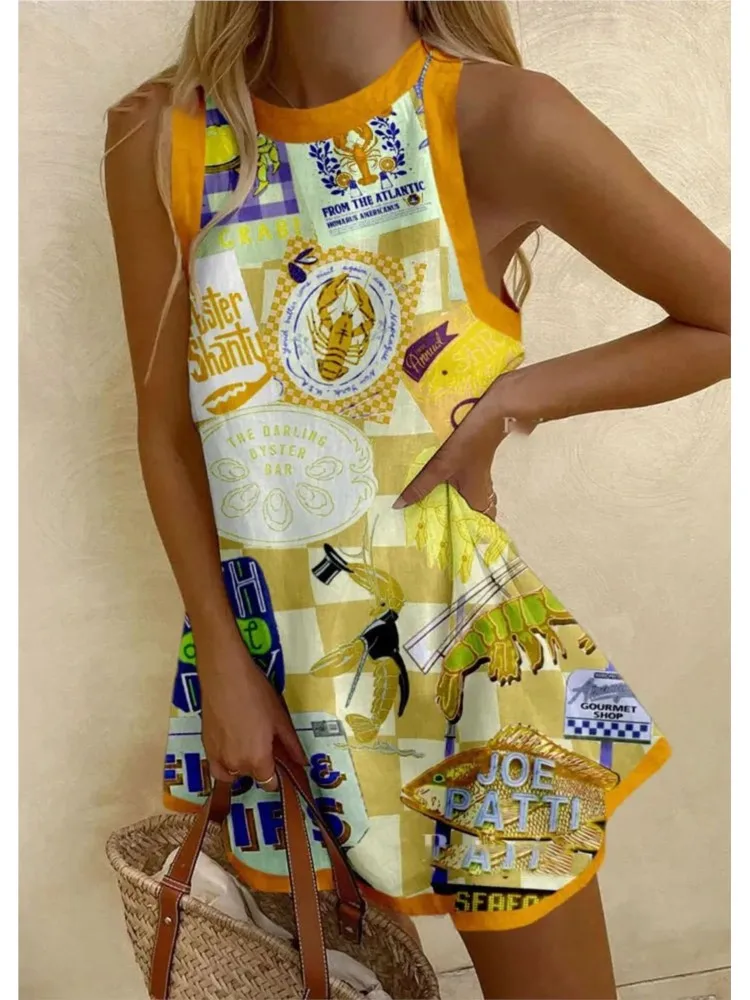 Summer Dress Casual Retro Printed Temperament Dresses Women Comfortable Shirtdress New Vacation Beachwear sleeveless Short Skirt