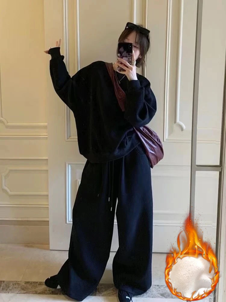 Ensemble 2 pièces à lacets taille haute et pantalon large pour femmes, survêtement doublé, manteaux à col rond, mode coréenne Veleen, Y-Conjunto