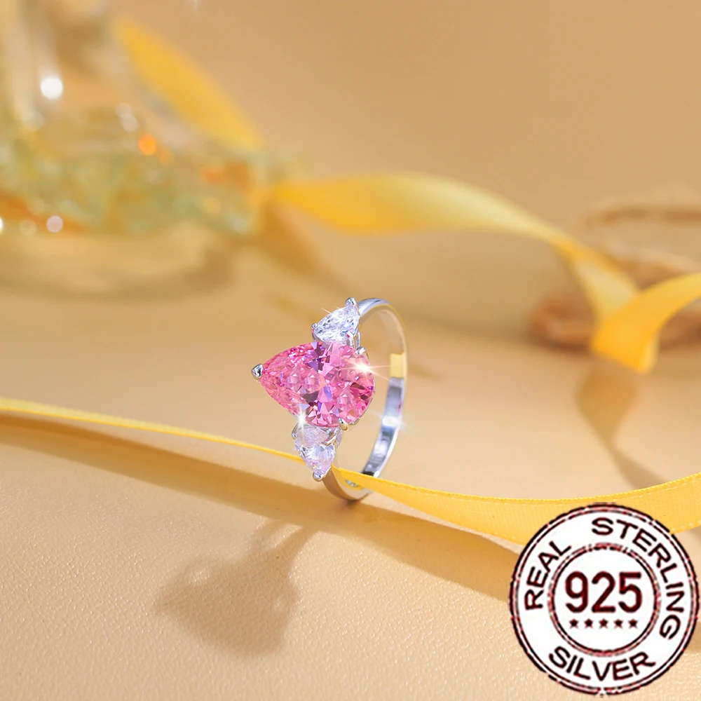 QooLady Verlobungs- und Ehering aus 925er-Sterlingsilber mit rosa Tropfenform und CZ-Seiten in Weiß, zierlicher, feiner Schmuck, Geschenk für Frauen, SR115 – Detail 1