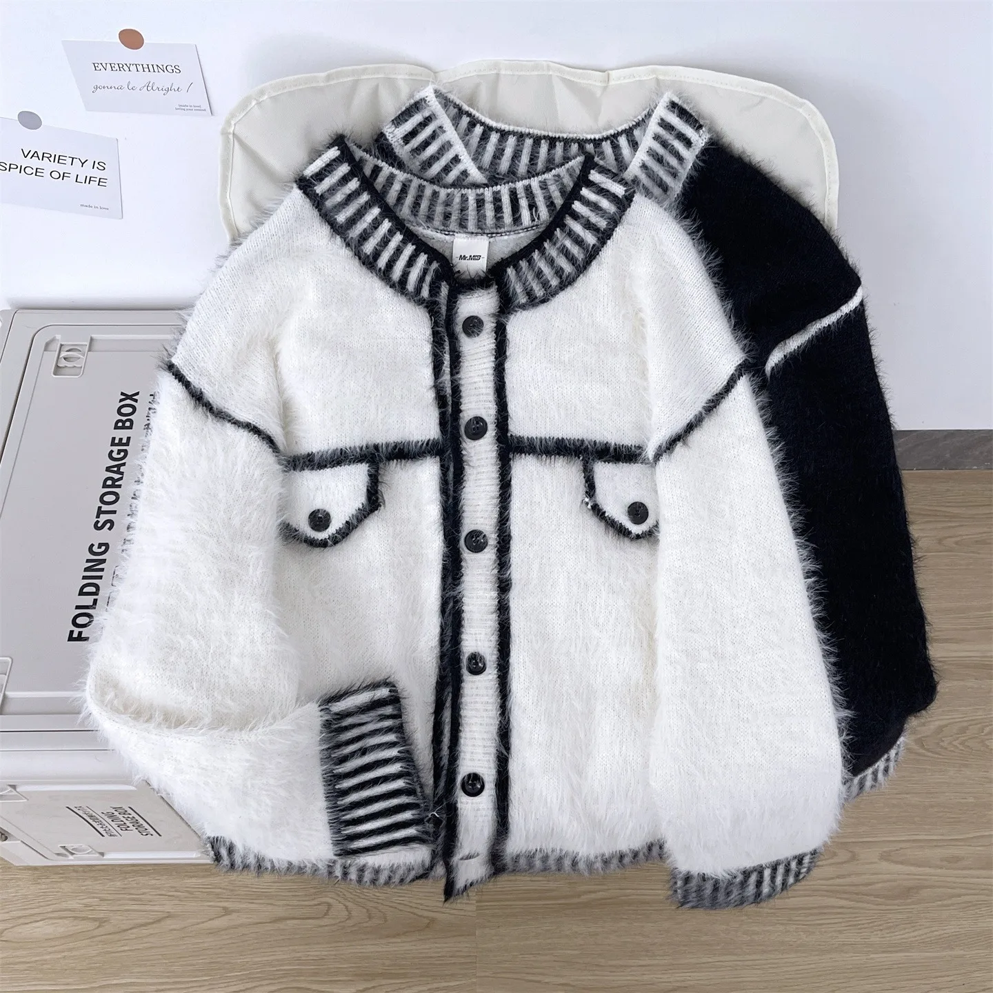 Персонализированный вязаный свитер, контрастный контур, уличная одежда, вязаный кардиган с круглым вырезом, осень-зима, стильный красивый свитер