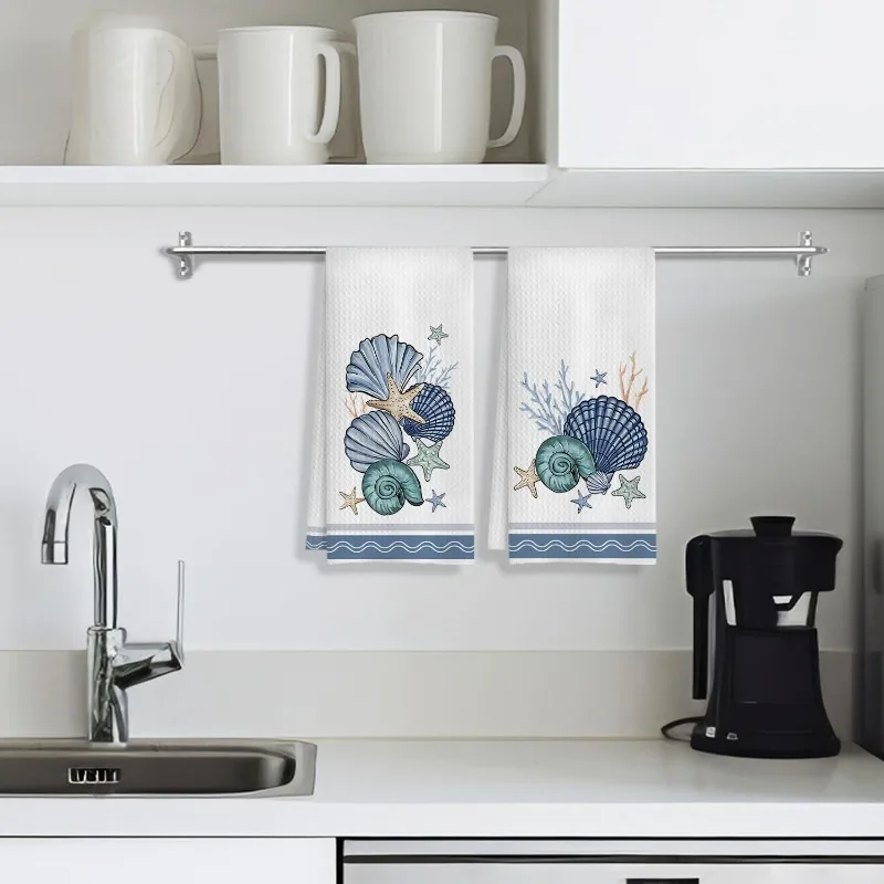 

2 pieces, Ocean Shell Microfiber Hand Towels, Shell and Coral Design, Water Absorbent Kitchen Dish Towels, Cooking, Baking
