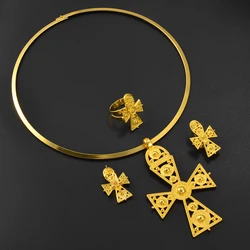 Anniyo Ethiopian Big Cross Jewelry Sets Chokers Pendant Earrings Ring Gold Color African Eritrea Traditional Wedding #333606