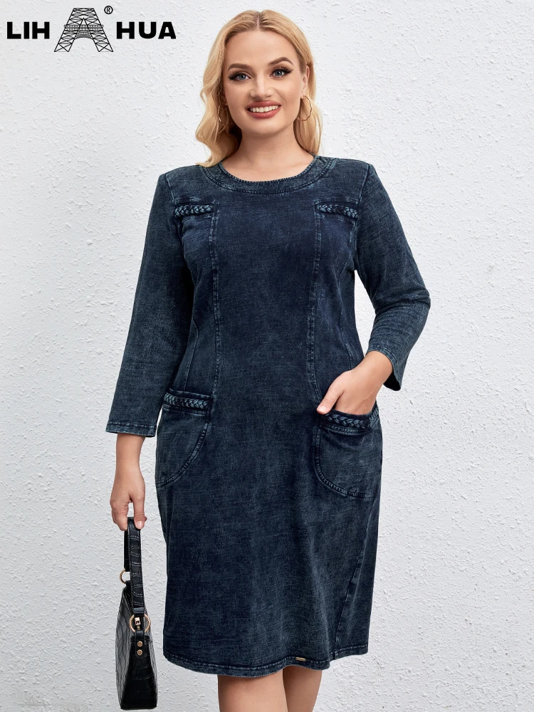 LIH HUA Women\'s Plus Size Denim Dress Round Neck Autumn Cotton Knit Casual Fashion Dress