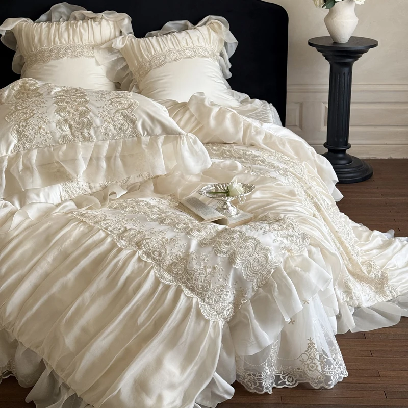 French Luxury Princess-style Tencel Cotton 4-Piece Bedding Set - Cooling Silky Smooth Lace-Trimmed Duvet Cover & Bedspread