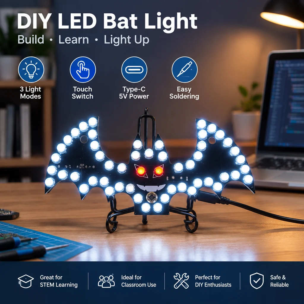 DIY Bat Lamp LED Light Electronic Kit Touch Switch Fun Electronic Soldering DIY Kit Type-C DC 5V For Beginners Halloween Fun