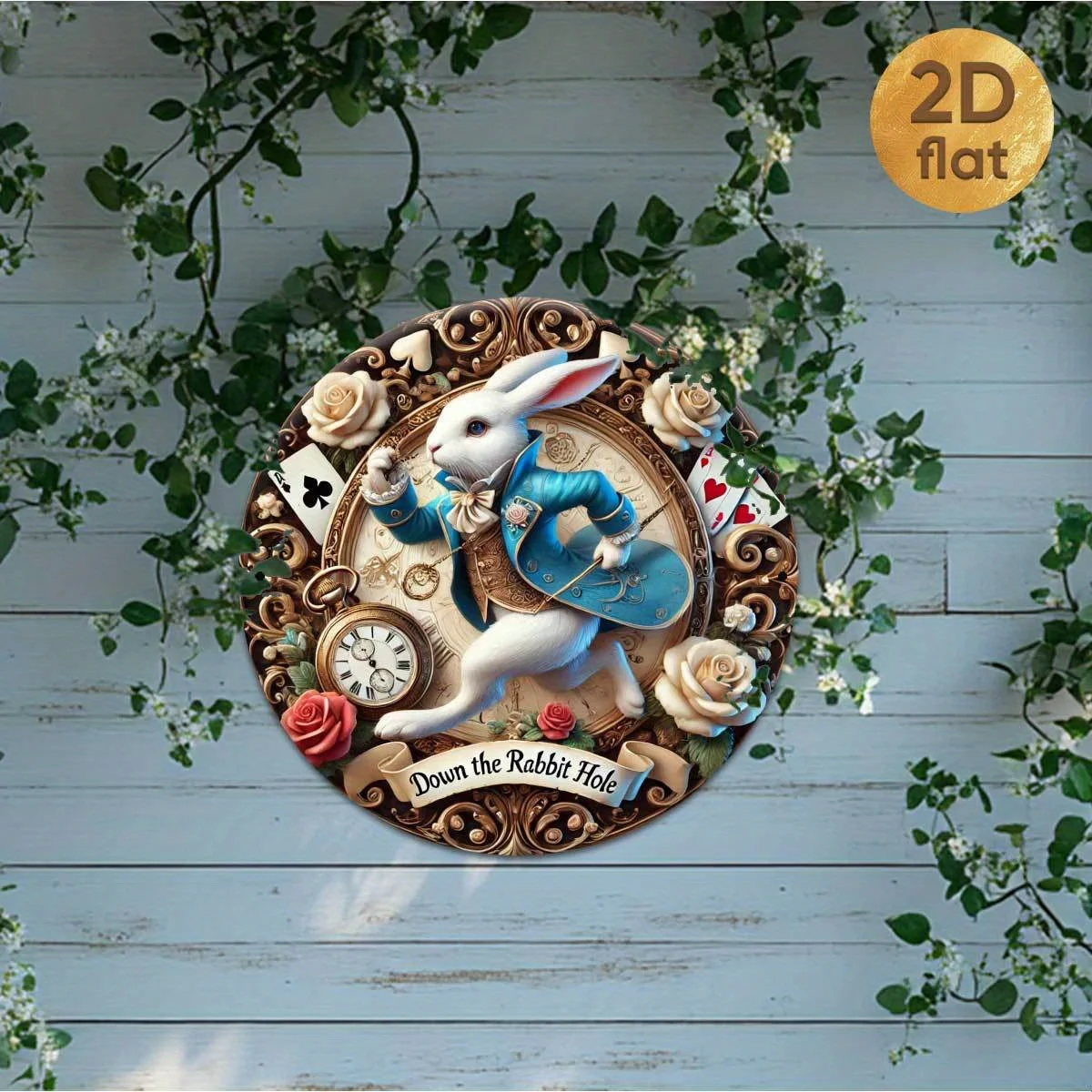 Charming Alice in Wonderland Metal Wall Decor, Round Design with Roses & Playing Cards, Gift