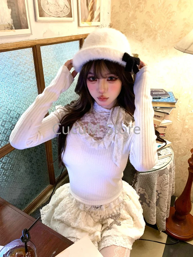 Y2k Lace Women Sweater See Through Vintage Harajuku Korean Fashion Knitted Pullovers Gyaru Sweet Slim Autumn Winter New