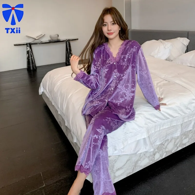 Embossed Diamond Lace Long-sleeved Home Clothes High-end Sense Three-dimensional French V-neck Autumn and Winter Women's Pajamas