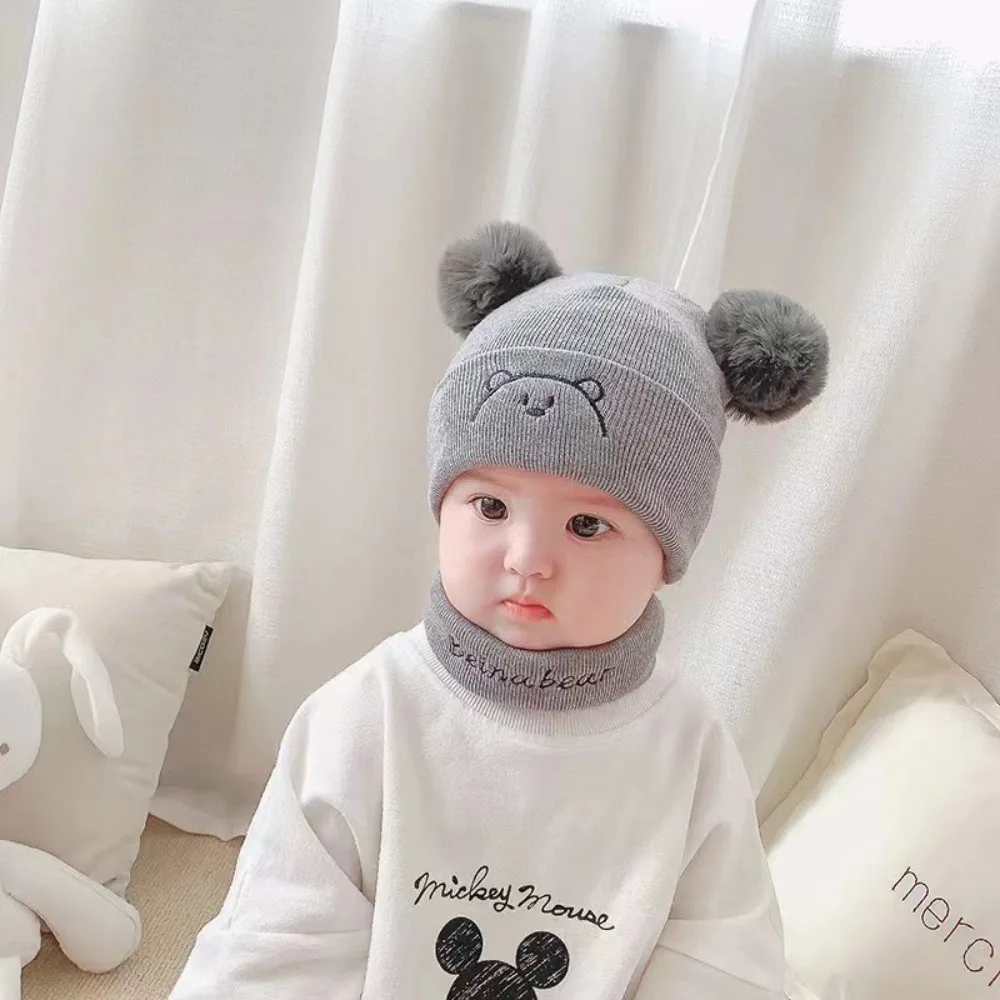 New Thickened Hat Scarf Set Winter Warm Cute Bear Pullover Hat Knitted Ear Protection Cap Outdoor