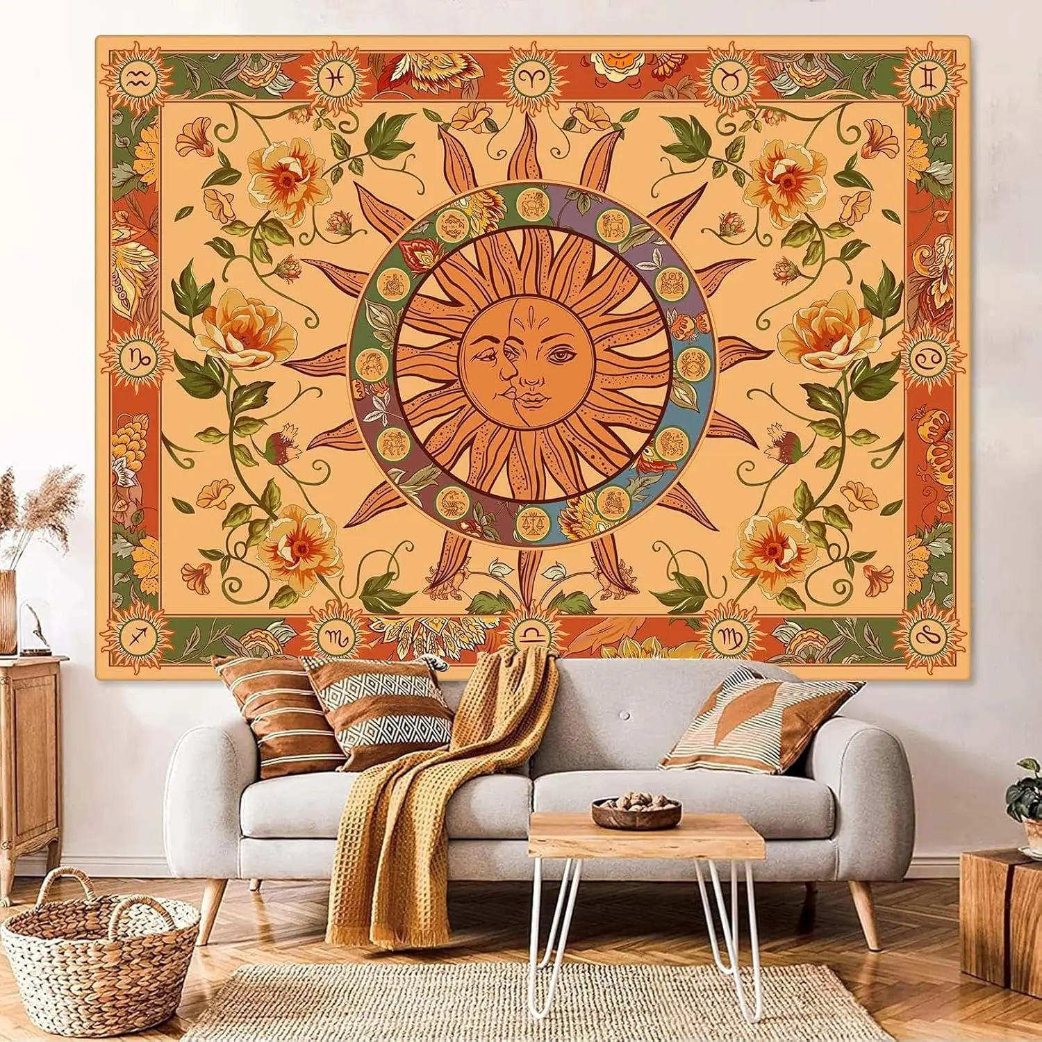 Ethnic Boho Mandala Sun Floral Tapestry Wall Hanging Polyester Decoration Boho Chic Spiritual Home Decor Art Print