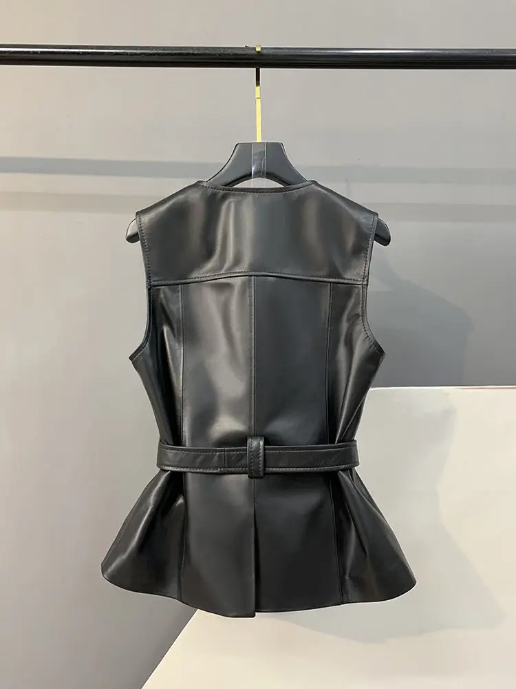 British Temperament Women Vest Coat PU Leather Black Jackets Moto Biker Sleeveless V-Neck with Pockets Vest Female Casual Korean