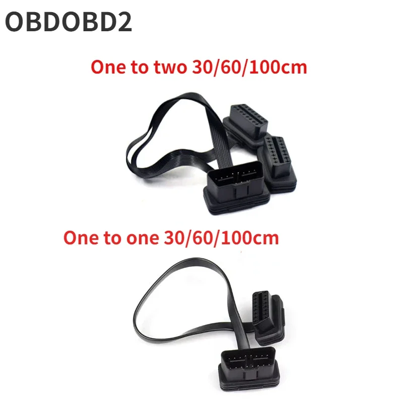 Flat+thin 16 Pin OBD 2 Extender ELM327 Male To Female Y-shaped Splitter Elbow OBDII Extension Connector Cable 30/60/100cm