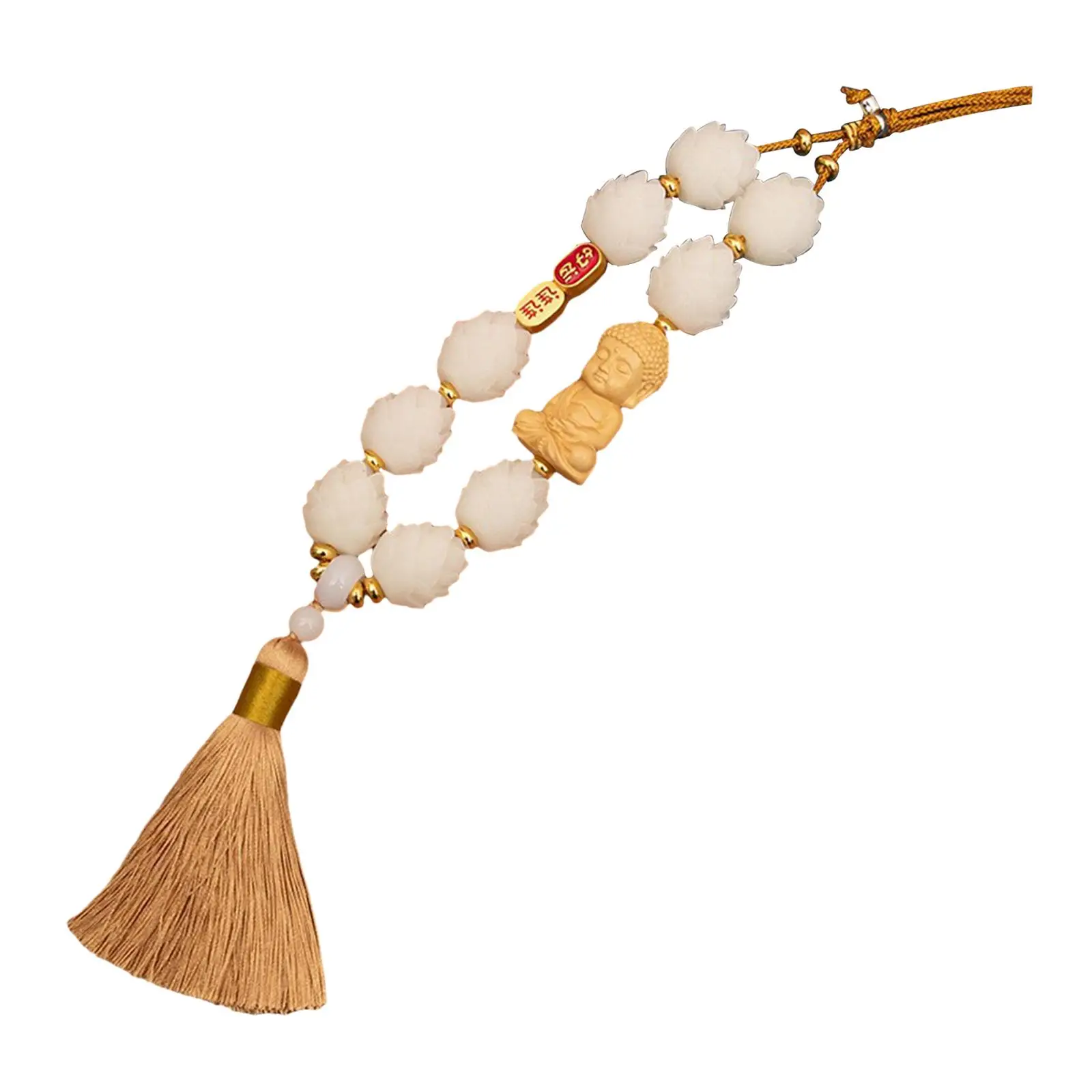 Wooden Buddha Car Pendant with Tassel Lotus Beads Rear View Mirror Hanging Decor Feng Shui Auto Accessory for Gift