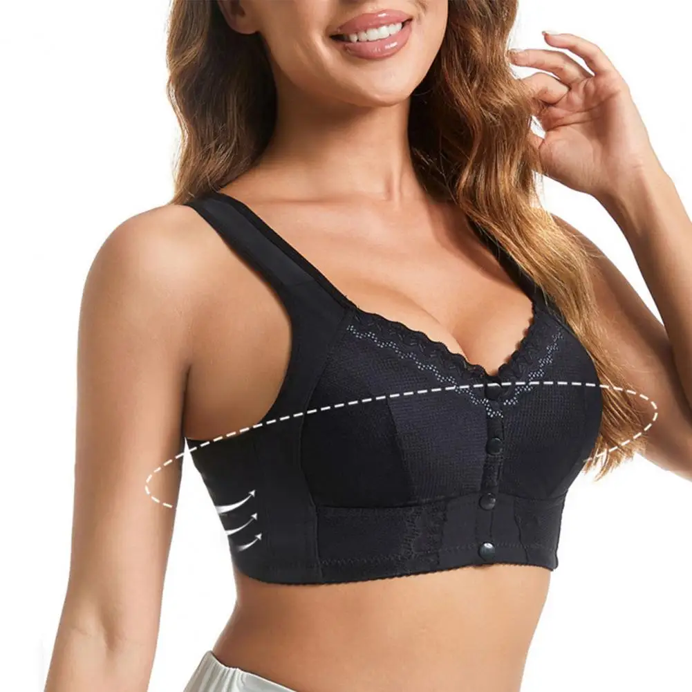 Wire-free Support Brassiere Wireless Full Cup Lace Splicing Bra Comfortable Front Button Closure for Middle-aged Elderly Women