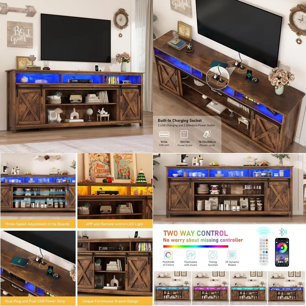 LED Farmhouse Style Entertainment Center for 90-85-80 Inch TVs with Sliding Barn Door and Power Outlet Storage Cabinets
