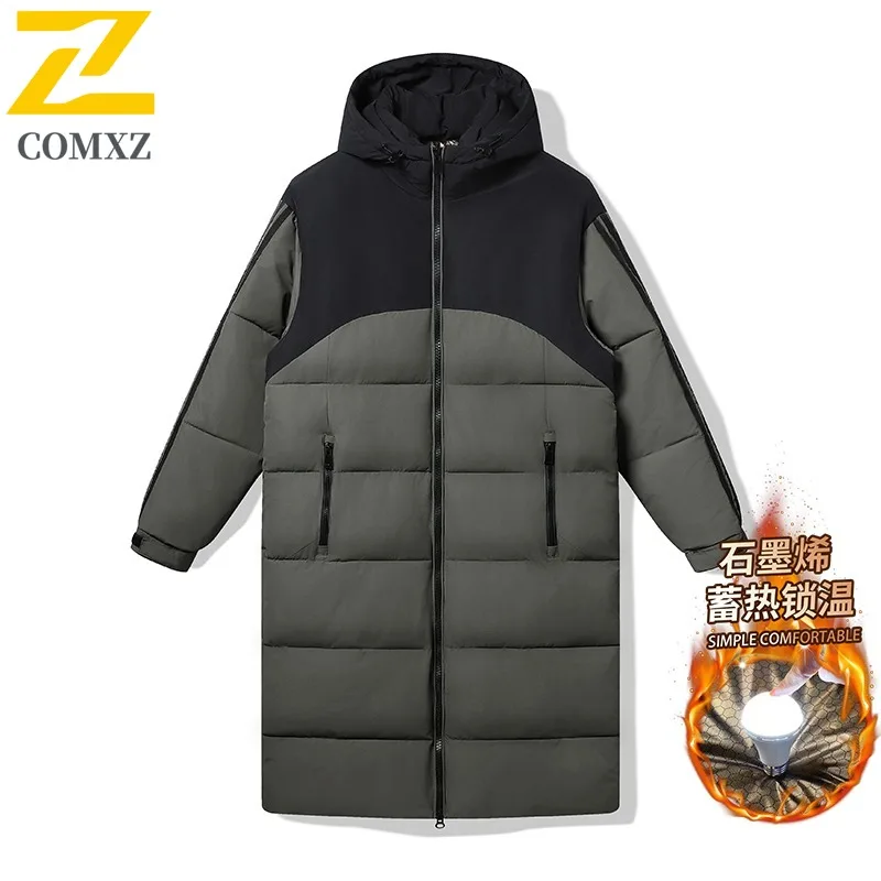 COMXZ سترة مبطنة مقاومة للبرودة 2025 مقنعين الحد الأدنى السفر في الهواء الطلق وسادة مبطنة الثلوج الدافئة عالية الجودة الرجال الشتاء الحشو