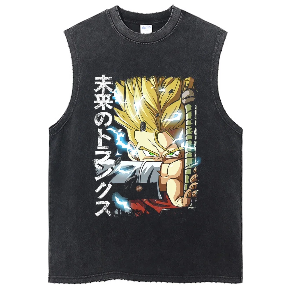 Men Vintage Sleeveless T-Shirt Dragon Ball Anime Oversized Tank Tops Tees Cotton Casual Washed Black Harajuku Vest T-shirt