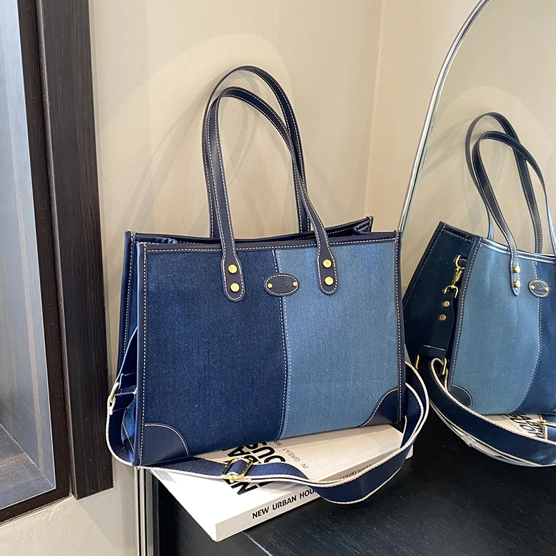 Sacs à main assortis pour documents en denim pour femmes, sacs à fermeture éclair en PU, style de trajet classique décontracté, grande capacité, sacs initiés, nouveau fourre-tout, 2024