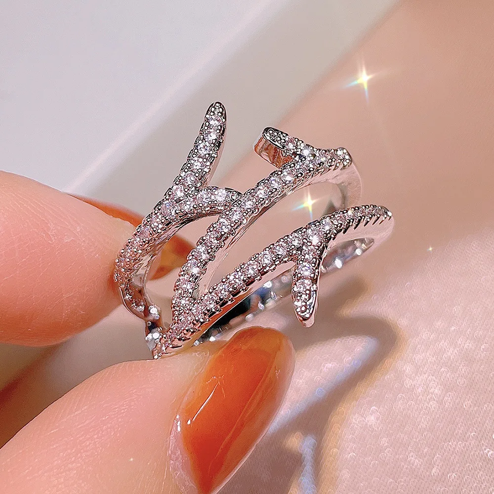 Women's 925 Silver Geometric Zircon Ring, Irregular Design