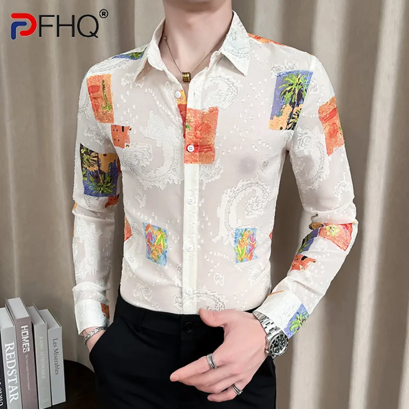 

PFHQ Summer Men's Long Sleeve Shirt Casual Print Single Breast Turn-down Collar Male Tops Korea Fashion Loose 21Z5576