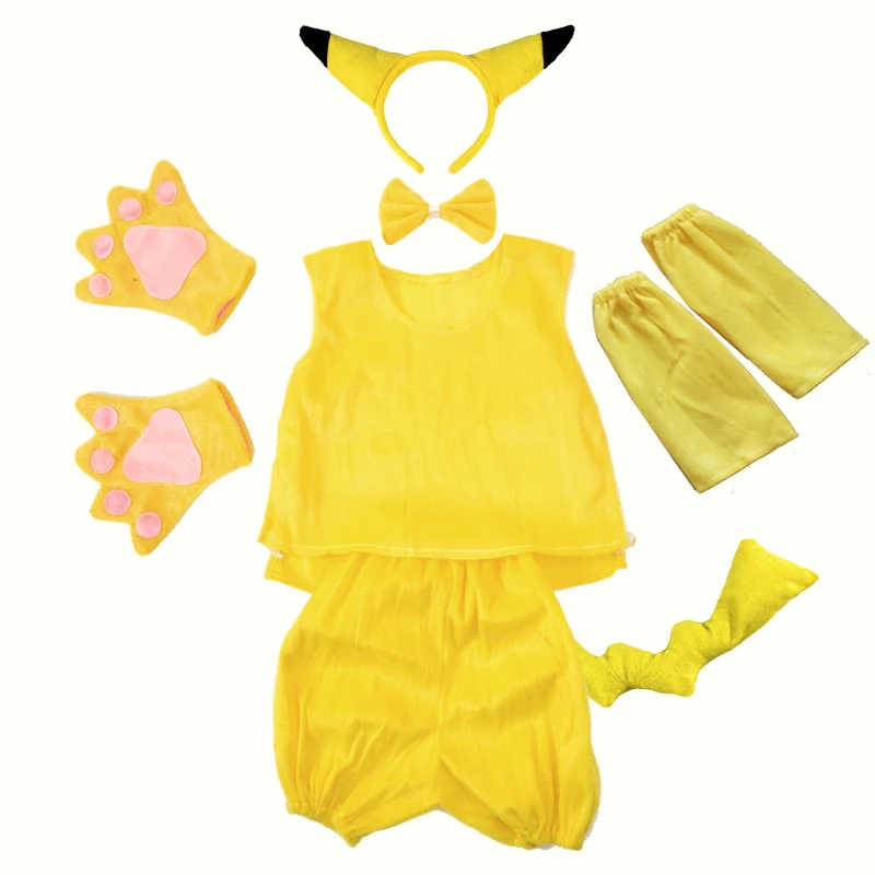 Halloween Party Kids Yellow Pokiimon Pikaqiu Cosplay Costumes with Headwear Gloves Dress Pants Tail Sets Dress Up for Girl Boy