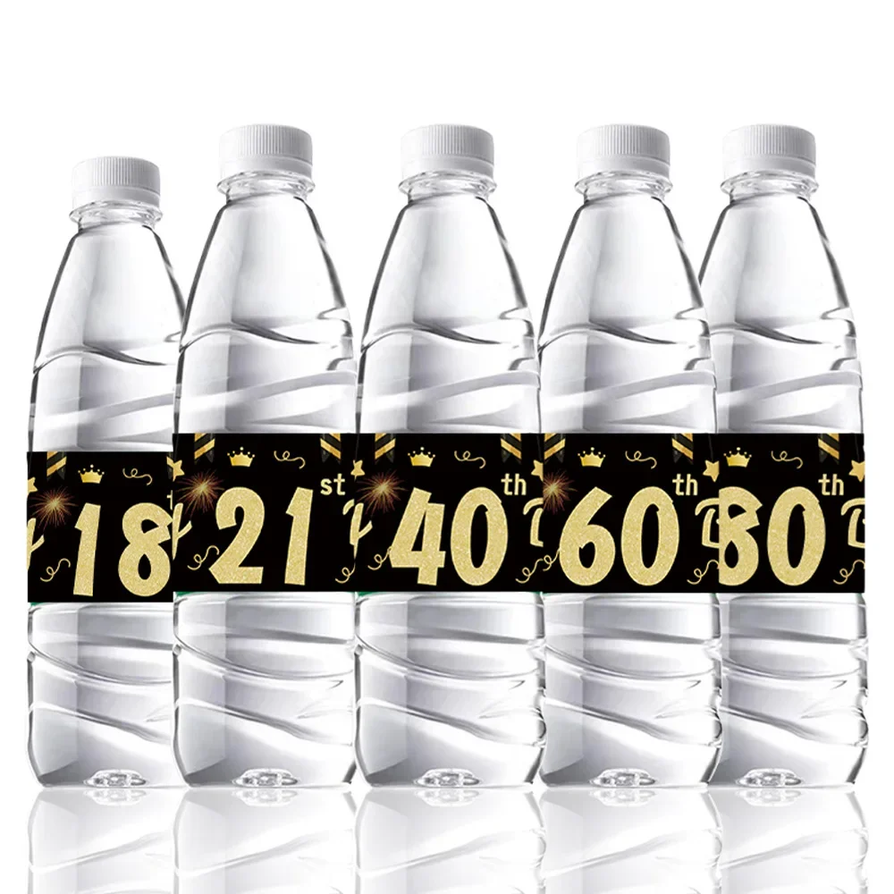 24Pcs Black 18/21/30/40/50/60/70/80th Years Olds Water Bottle Self-adhesive Lable Sticker for Happy Birthday Party Decoration