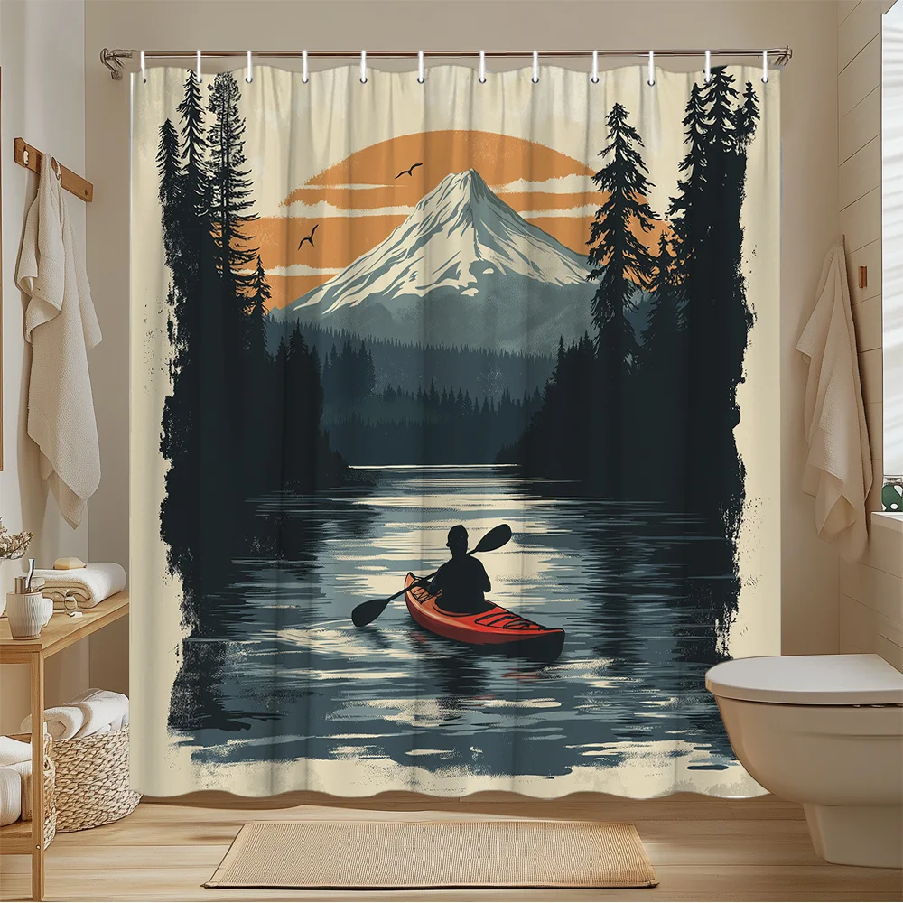 

Kayaking Lake Shower Curtain, Mountain Forest Landscape Bath Curtain, Outdoor Adventure Bathroom Decor, Waterproof Fabric