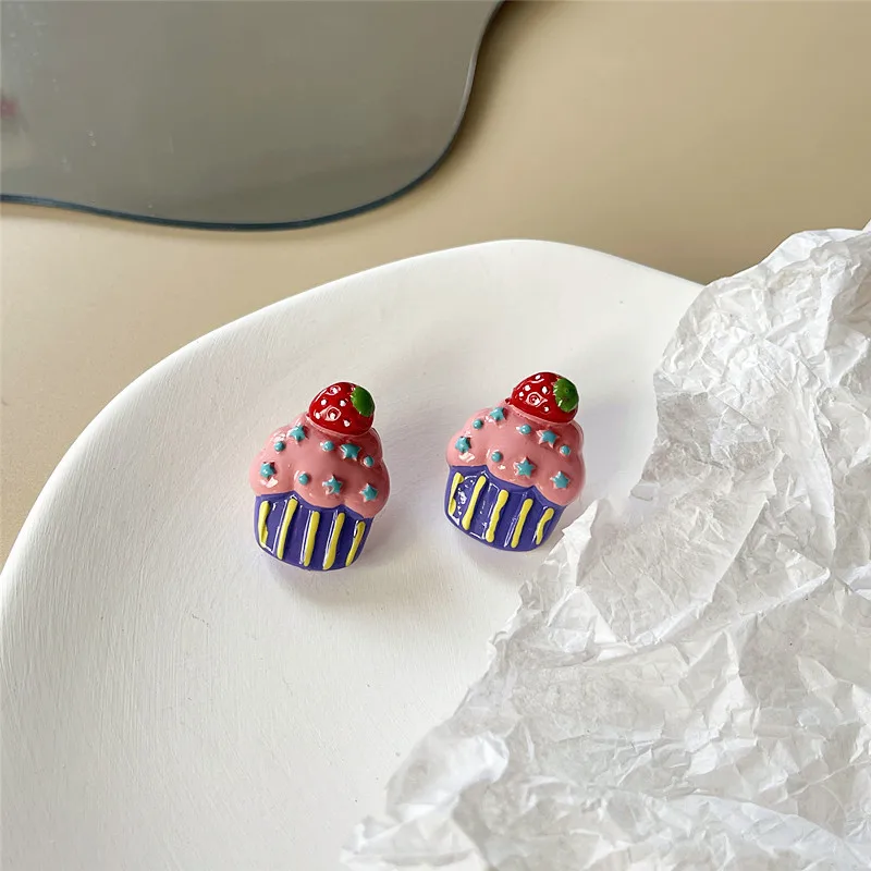 Korean Resin Strawberry Bowknot Drop Earrings for Women Food Simulated Fruit Cup Cake Dangle Earrings  Jewelry Accessories