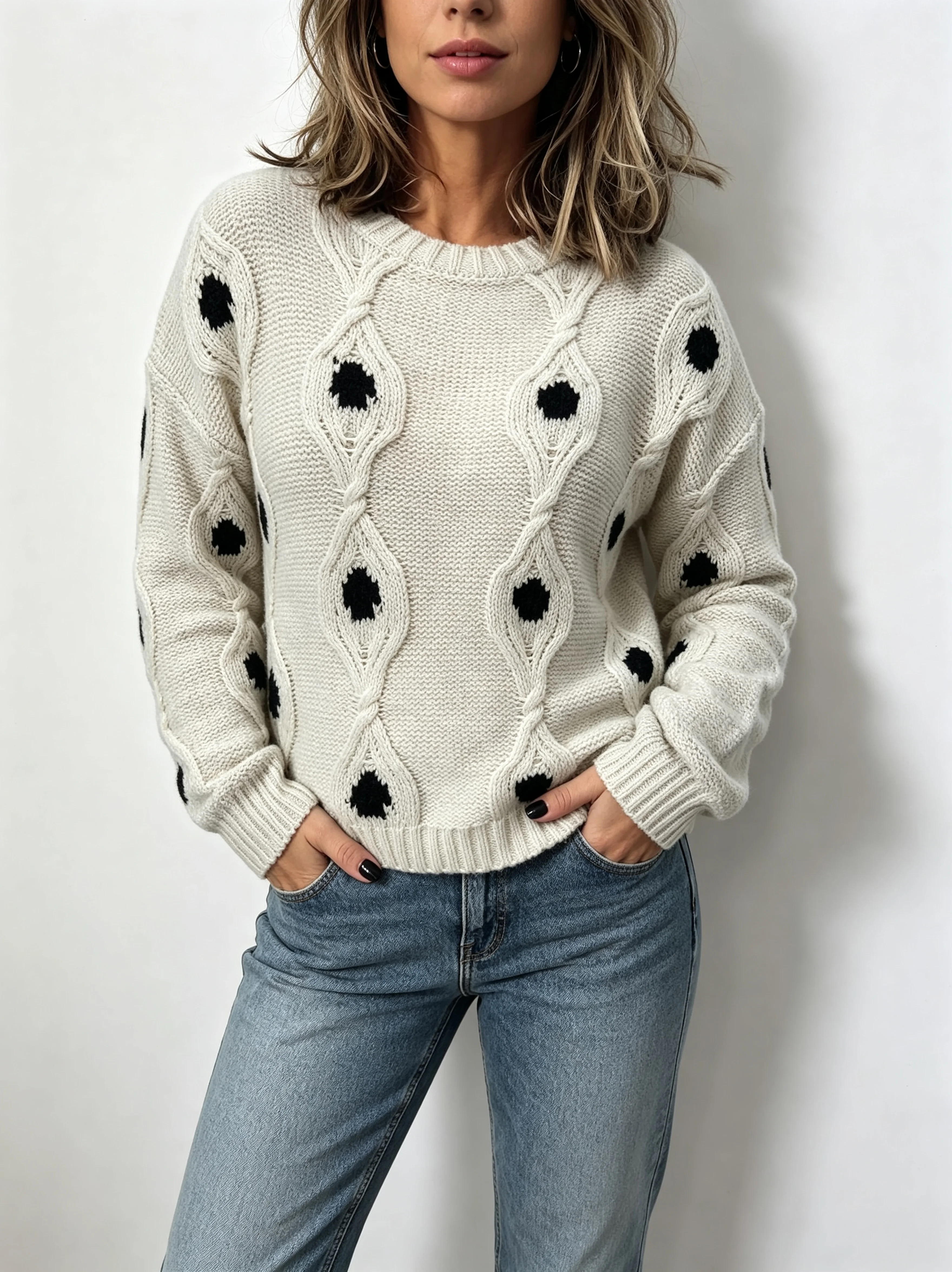 Plus Size Autumn Winter Cream White Cable Knit Polka Dot Drop‑Shoulder Pullover Sweater