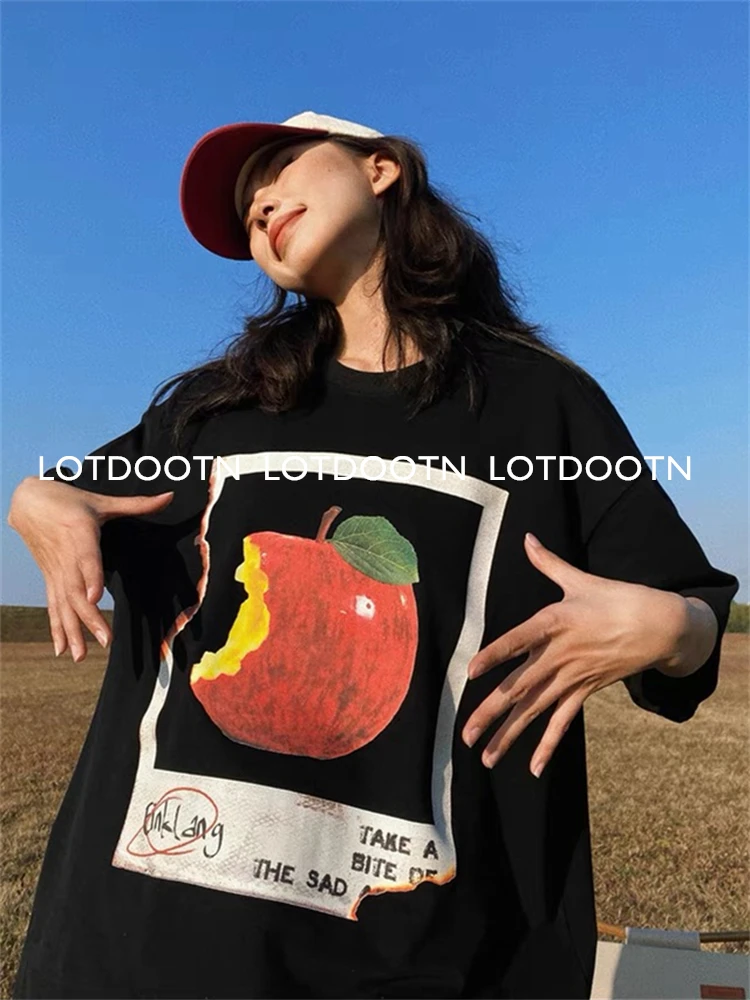 LOTDOOTN Summer New 100% Cotton Apple Graphic T-shirts American Fashion Y2K Women Loose Retro Fresh Harajuku High Street Clothes